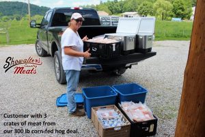 Showalter's whole hog package normally produces about three crates of take home meat